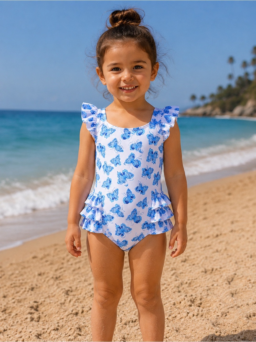 Angel Beach Girls Blue Butterfly Ruffle One-Piece Swimsuit 4T